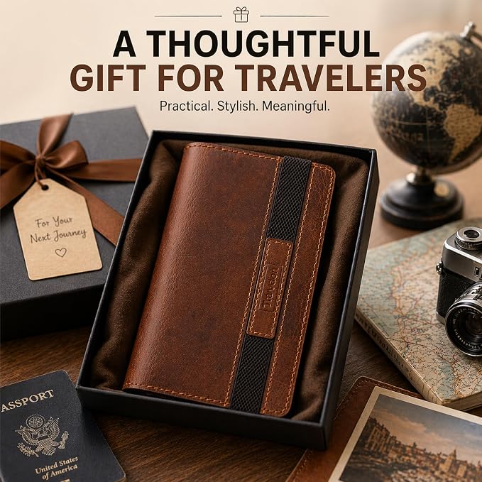 Tan Leather Long Passport Wallet - Travel Document Organizer with Card Slots ID Window Zipper Pocket Slim Passport Holder for Travel & Everyday Use, 5 x 9