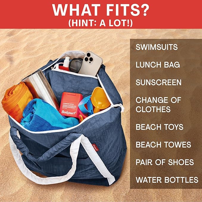 Bodysurf Beach Bags Waterproof Sandproof - Packable Foldable Nylon Zipper Tote Bag for Travel Lightweight, Pool, Boat, Cruise