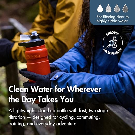 Katadyn BeFree AC Bottle 0.7L Water Filter Bottle for Travel & Daily Use | 2-Stage Filter Removes Bacteria & Microplastics, Improves Taste, BPA-Free, Fits Cup Holders - Red