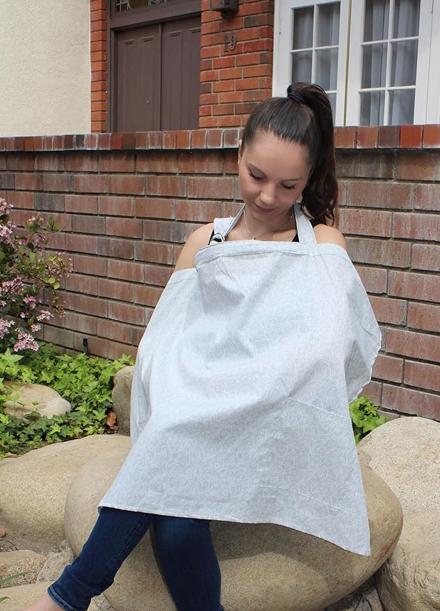 Nursing Cover Apron for Breastfeeding Privacy Soft with Rigid Neckline Adjustable Strap Cotton with Travel Bag in Grey Swirls