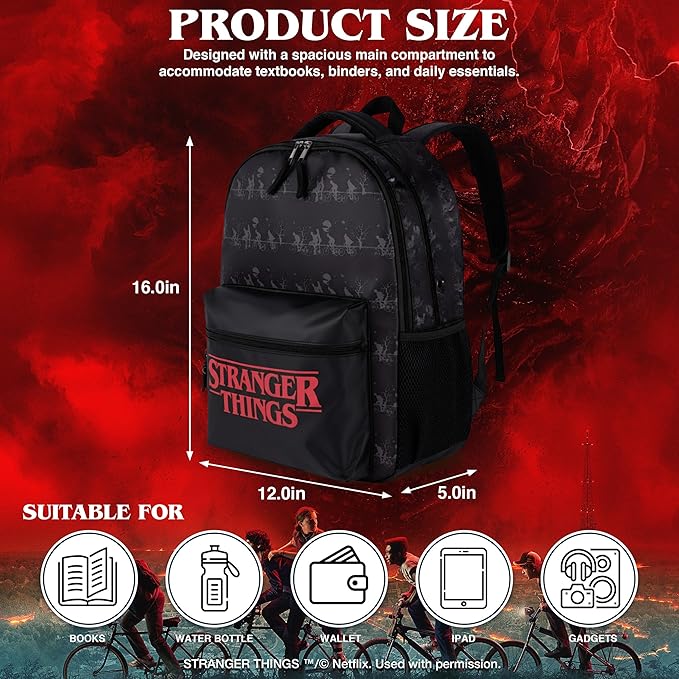 AI ACCESSORY INNOVATIONS Stranger Things Backpack with Character Graphic Pattern, Black, 16x12x5 Inches, Polyester, 3 Pockets, Water Repellent, Adjustable Straps, Padded Back