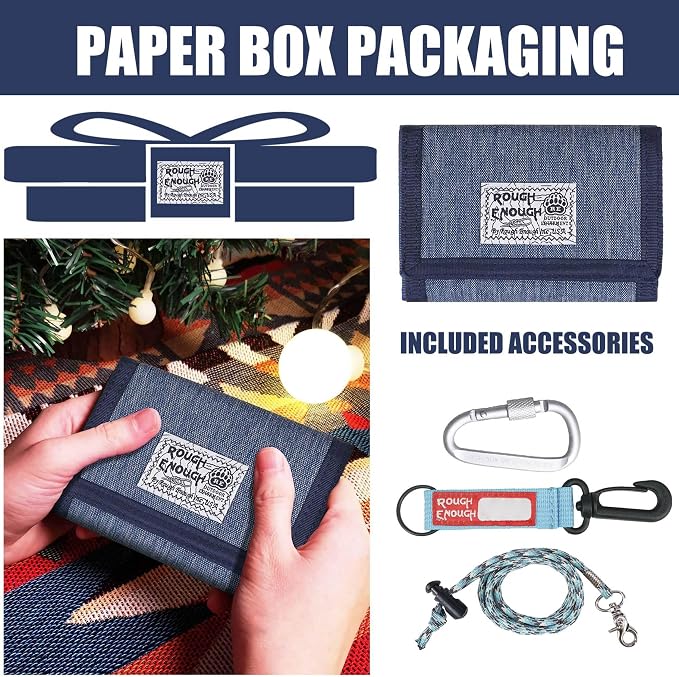 Rough Enough Kids Wallet for Boys with RFID Blocking Denim Canvas Blue | Includes lanyard keychain carabiner. For camping travel and outdoor use. Smooth YKK zippers. Holds cards cash ID. 5x3.4 inch