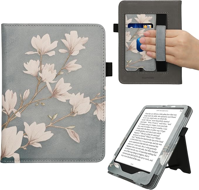 kwmobile Case Compatible with Amazon Kindle Paperwhite (2024)/Colorsoft - Case PU Leather Cover with Magnet Closure, Stand, Strap, Card Slot - Magnolias Taupe/White/Blue Grey