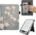 kwmobile Case Compatible with Amazon Kindle Paperwhite (2024)/Colorsoft - Case PU Leather Cover with Magnet Closure, Stand, Strap, Card Slot - Magnolias Taupe/White/Blue Grey