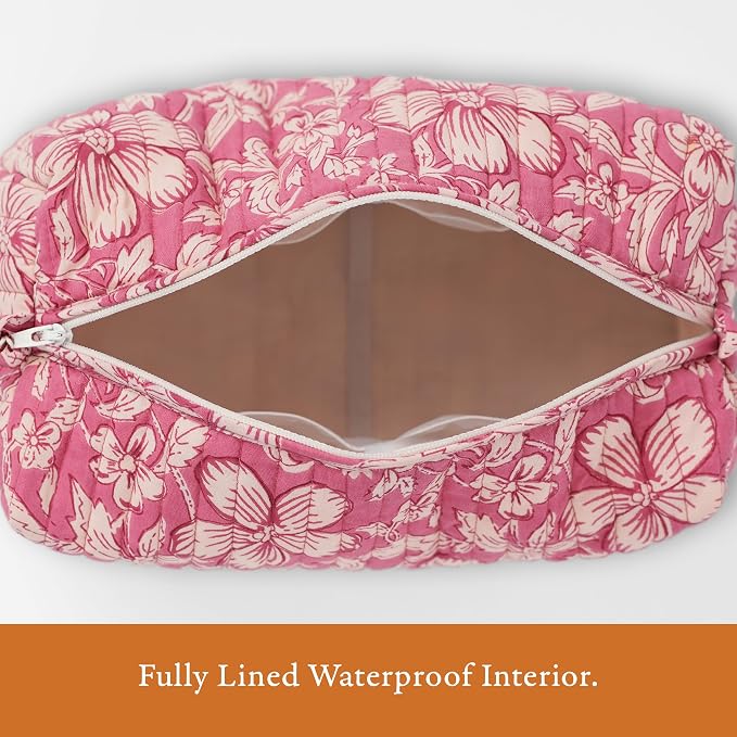 Saffron Marigold Quilted Makeup Bag Set of 3, Hand Block Printed Cotton Cosmetic Bags for Women, Waterproof Lined Travel Toiletry Bag, Coquette Floral Aesthetic, Handmade Gift, Mauve Mist Oleander