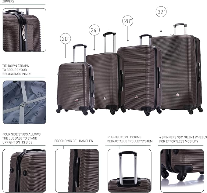 InUSA ROYAL Hardside Luggage Set with Spinner Wheel | Spacious Travel Suitcases with Ergonomic GEL Handle and Studs | (20/24/28/32) 4 Piece Luggage Set | Brown