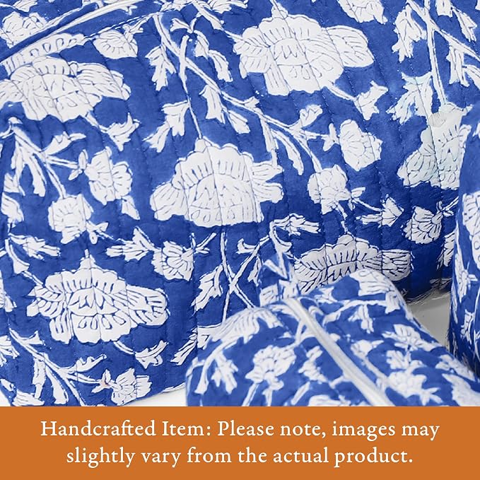 Saffron Marigold Quilted Makeup Bag Set of 3, Hand Block Printed Cotton Cosmetic Bags for Women, Waterproof Lined Travel Toiletry Bag, Coquette Floral Aesthetic, Handmade Gift, Blue Poppy