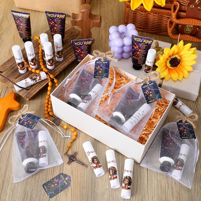 24 Sets Christian Graduation Gifts Hand Cream and Lip Balm Bulk Teacher Appreciation Gifts Bible Verse Thank You Cards with Organza Bag for Graduation Supplies(African American)