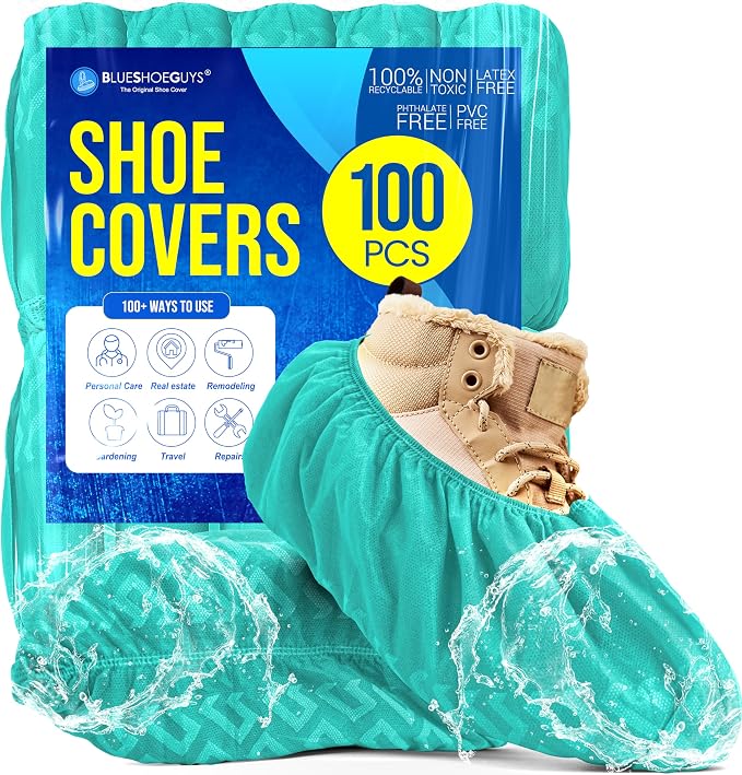 Premium Boot & Shoe Covers Disposable Booties - 100 Pack - Durable, Non-Slip, Non-Toxic, Water Resistant, Recyclable Protectors for Indoor & Outdoor - Large Size Fits Most Shoes