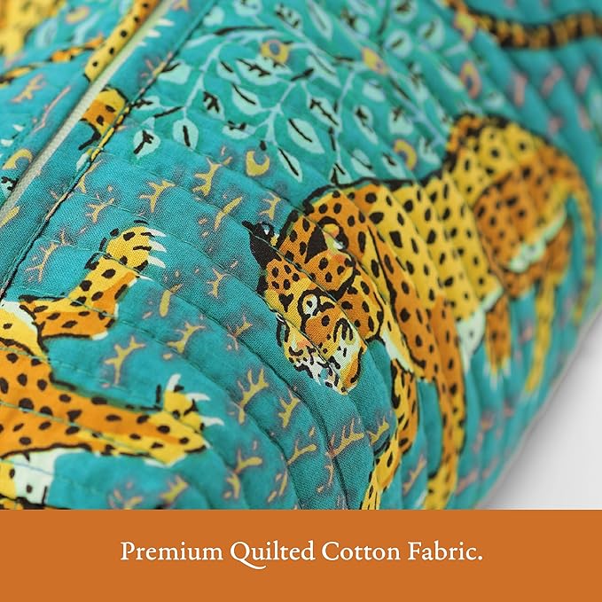 Saffron Marigold Quilted Makeup Bag Set of 3, Hand Block Printed Cotton Cosmetic Bags for Women, Waterproof Lined Travel Toiletry Bag, Coquette Aesthetic, Handmade Gift, Turquoise Cheetah Trails