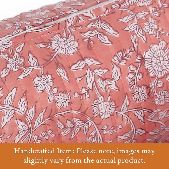 Saffron Marigold Quilted Makeup Bag Set of 3, Hand Block Printed Cotton Cosmetic Bags for Women, Waterproof Lined Travel Toiletry Bag, Coquette Floral Aesthetic, Handmade Gift, Coral Flowers