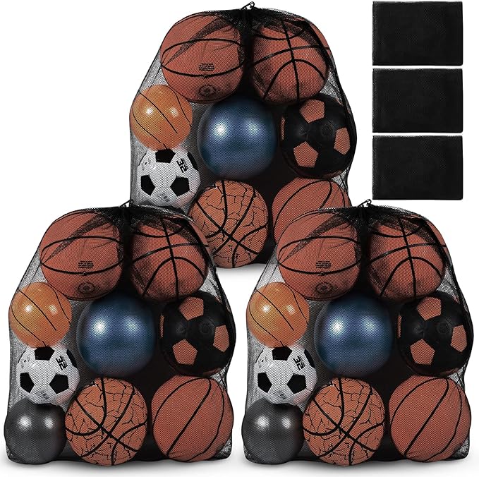 Woanger 3 Pcs Thickened Extra Large Sports Ball Bag Mesh Soccer Net Ball Bag Drawstring Bags Team Work for Holding Basketball, Volleyball, Baseball with Shoulder Strap, 35.4 x 27.5 Inch
