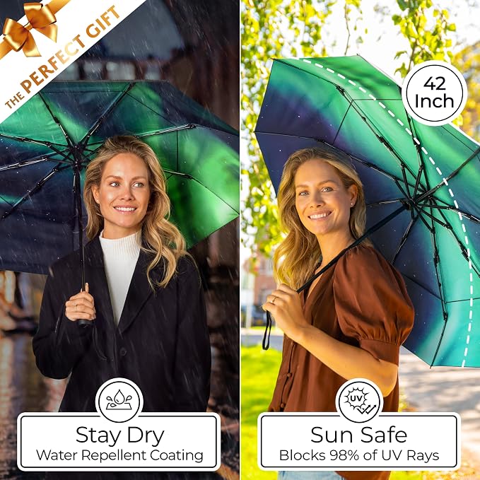 TUMELLA Strongest Windproof Travel Umbrella (Compact, 100MPH Wind-Tested), Light, Portable, One-Handed Use, Automatic Folding Rain Umbrella, Durable, Premium Grip, Fits Car & Backpack