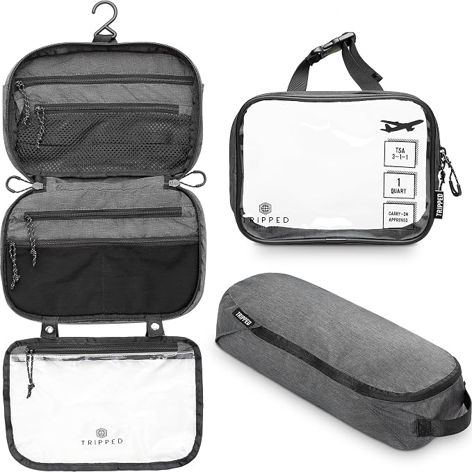Toiletry Bag Kit 3 Piece Set: Hanging Travel Toiletry Bag + 311 TSA Cosmetic Liquid Bag + Accessory Organizer Pouch