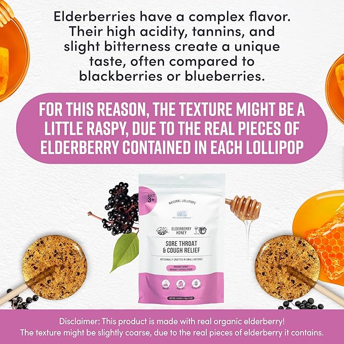 MommaBear Organics Handcrafted Kids Cough Lollipops – Natural Sore Throat Relief & Cough Drop Suckers for Kids 3+ – Elderberry Bits, Honey & Organic Flavors – Tightly Sealed for Freshness, 5pc