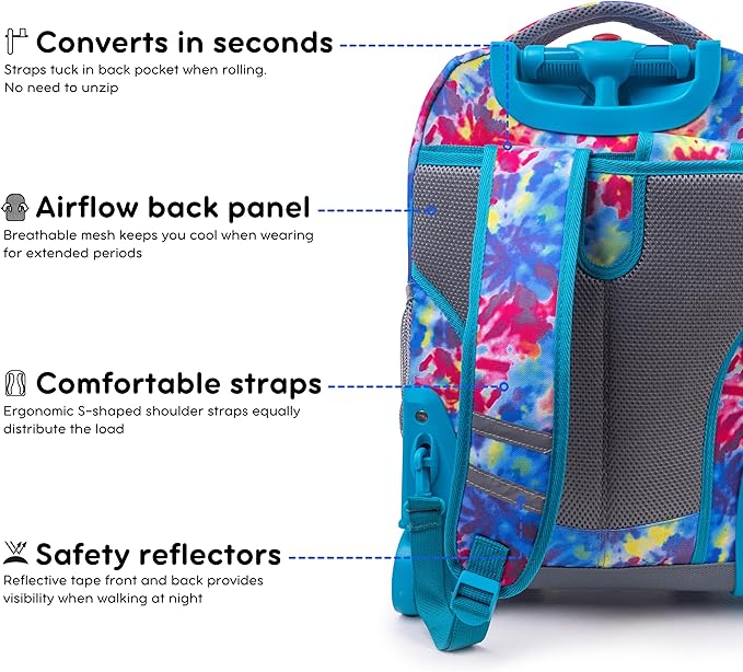 J World Sunrise Kids Rolling Backpack for Girls Boys. Roller Bookbag With Wheels For School, Tie Dye