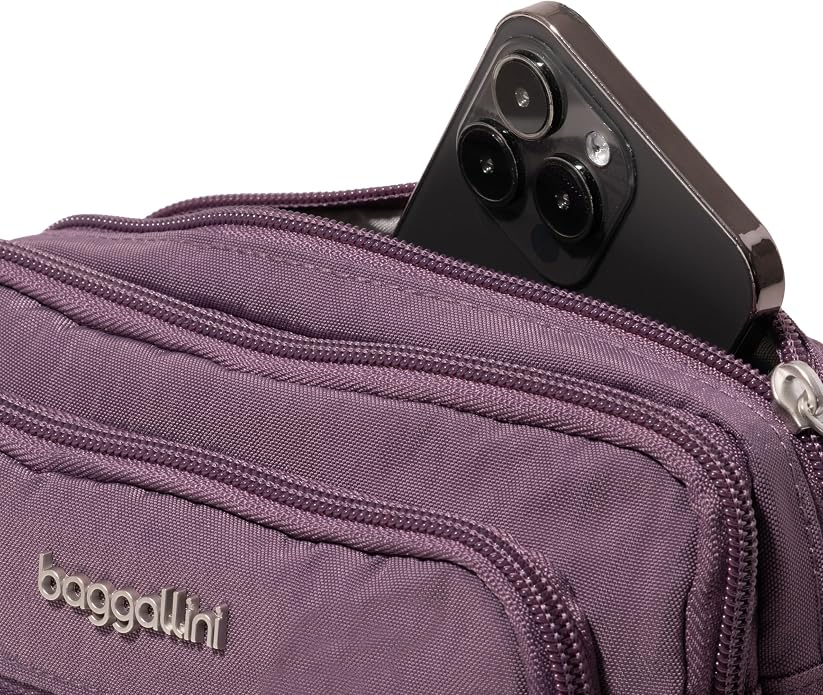 Baggallini Triple Zip Small Crossbody Bag for Women - Lightweight Convertible Fanny Pack Belt Bag