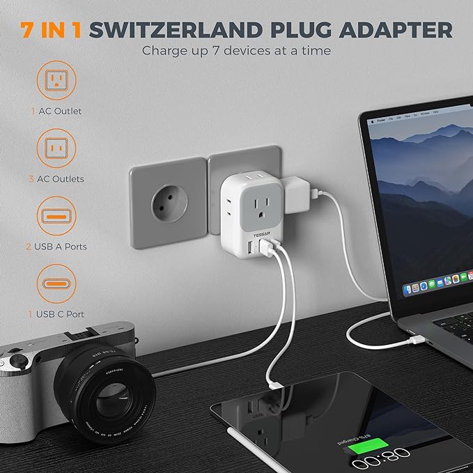TESSAN Switzerland Travel Plug Adapter, Type J Adaptor with 4 Outlets 3 USB Charging Ports(1 USB C PD 20W), Swiss Travel Plug for US to Switzerland, Liechtenstein, Rwanda, 2 Pack
