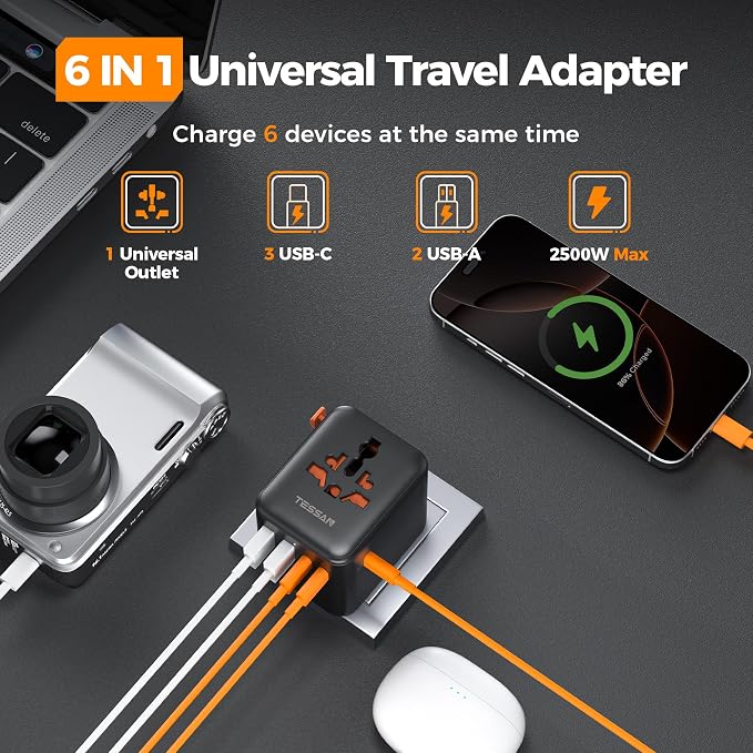 TESSAN Universal Travel Adapter 28W, International Power Adapter with 5 USB Ports (3 USB C), Travel Plug Adaptor Worldwide for US to Europe UK France Germany Spain Australia (Type C G A I), Black