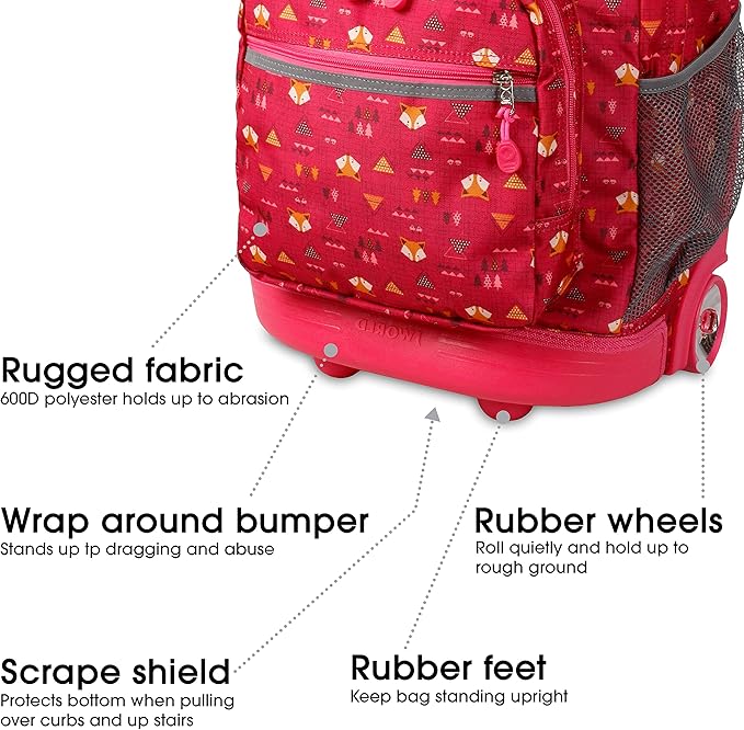 J World Sunrise Kids Rolling Backpack for Girls Boys. Roller Bookbag With Wheels For School, Fox