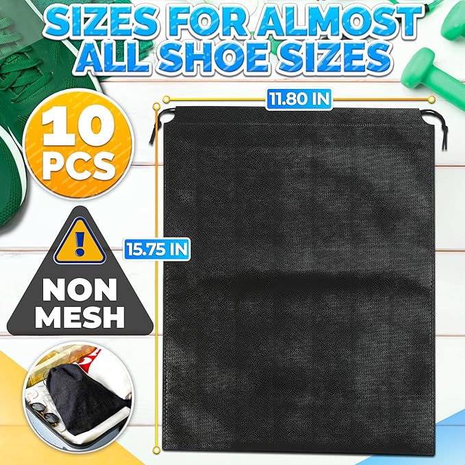 10 Pack Travel Shoe Backpack Set – Non-Mesh Solid 11.8"x15.75" Waterproof Drawstring Shoe Bags for Travel, Clothes, or Wet Gear – Lightweight Storage Organizer and Packing Essential for Women & Men