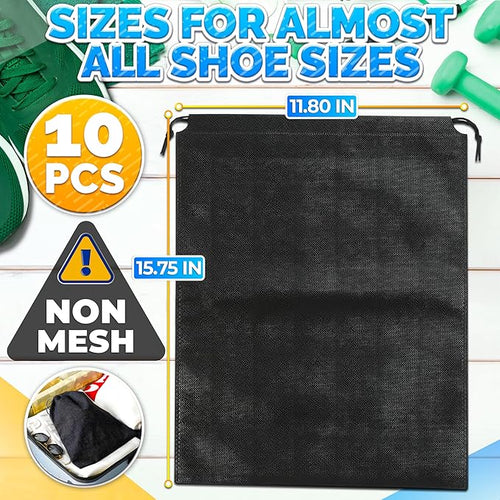 10 Pack Travel Shoe Backpack Set – Non-Mesh Solid 11.8"x15.75" Waterproof Drawstring Shoe Bags for Travel, Clothes, or Wet Gear – Lightweight Storage Organizer and Packing Essential for Women & Men