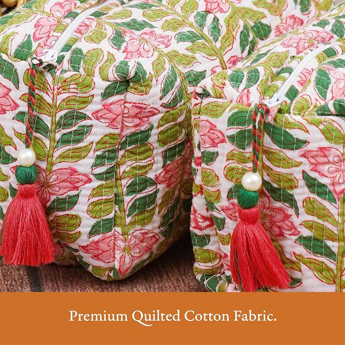 Saffron Marigold Quilted Makeup Bag Set of 3, Hand Block Printed Cotton Cosmetic Bags for Women, Waterproof Lined Travel Toiletry Bag, Coquette Aesthetic, Handmade Gift, Madagascar Periwinkle Vanilla