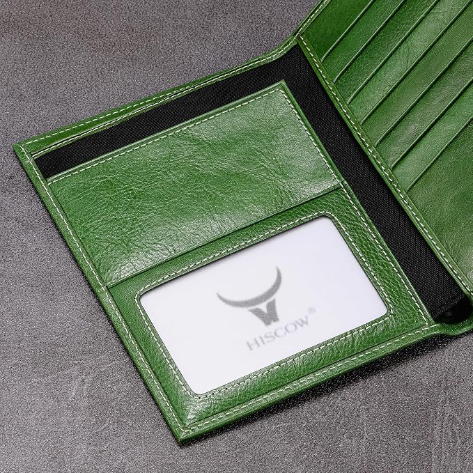 HISCOW Italian Leather Passport Holder for Travel - RFID Blocking Wallet Cover with Secure Organizer for Men & Women, US & Foreign Trips, Green Vegetable-Tanned Leather