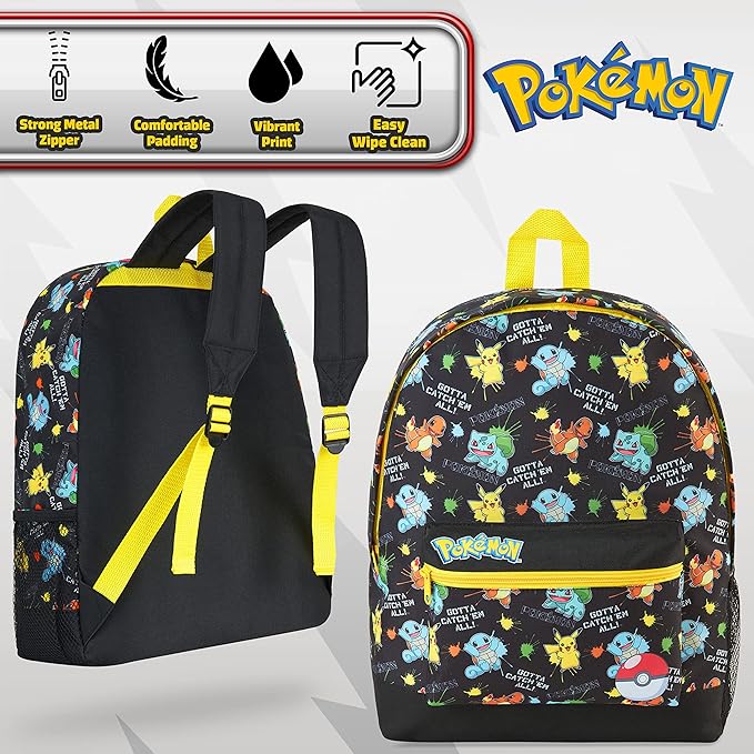 Pokemon Backpack for Kids Teens Boys Girls, Pikachu Anime Backpacks, Bag for Daycare Sports Vacation Travel, School Gift (Black AOP)