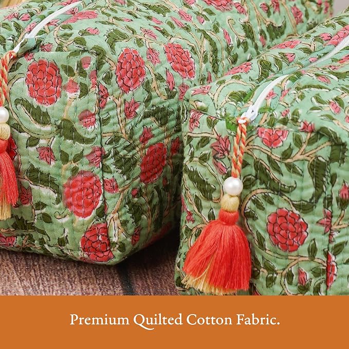 Saffron Marigold Quilted Makeup Bag Set of 3, Hand Block Printed Cotton Cosmetic Bags for Women, Waterproof Lined Travel Toiletry Bag, Coquette Floral Aesthetic, Handmade Gift, Rambling Rose