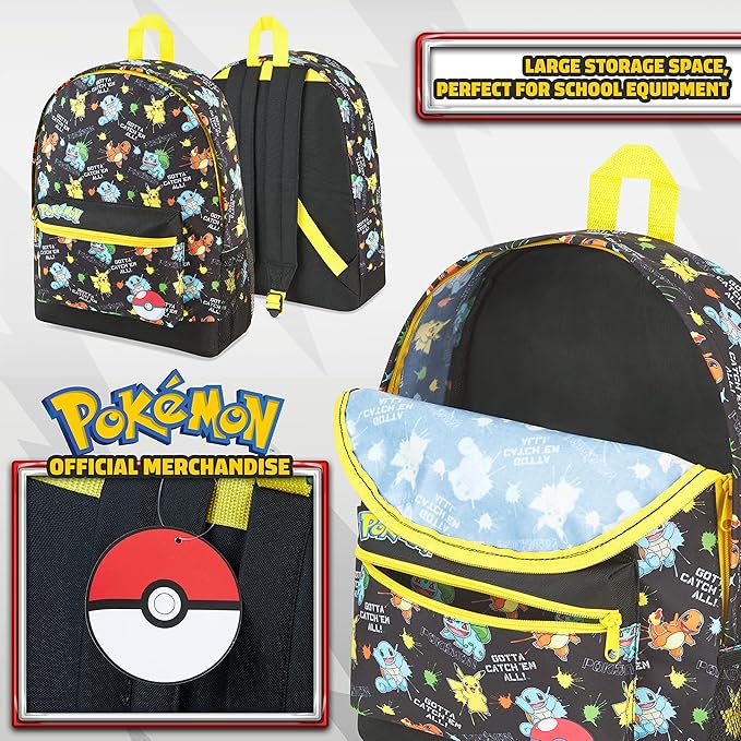 Pokemon Backpack for Kids Teens Boys Girls, Pikachu Anime Backpacks, Bag for Daycare Sports Vacation Travel, School Gift (Black AOP)