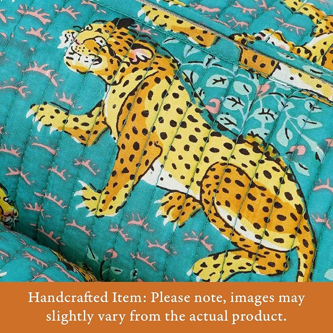 Saffron Marigold Quilted Makeup Bag Set of 3, Hand Block Printed Cotton Cosmetic Bags for Women, Waterproof Lined Travel Toiletry Bag, Coquette Aesthetic, Handmade Gift, Turquoise Cheetah Trails