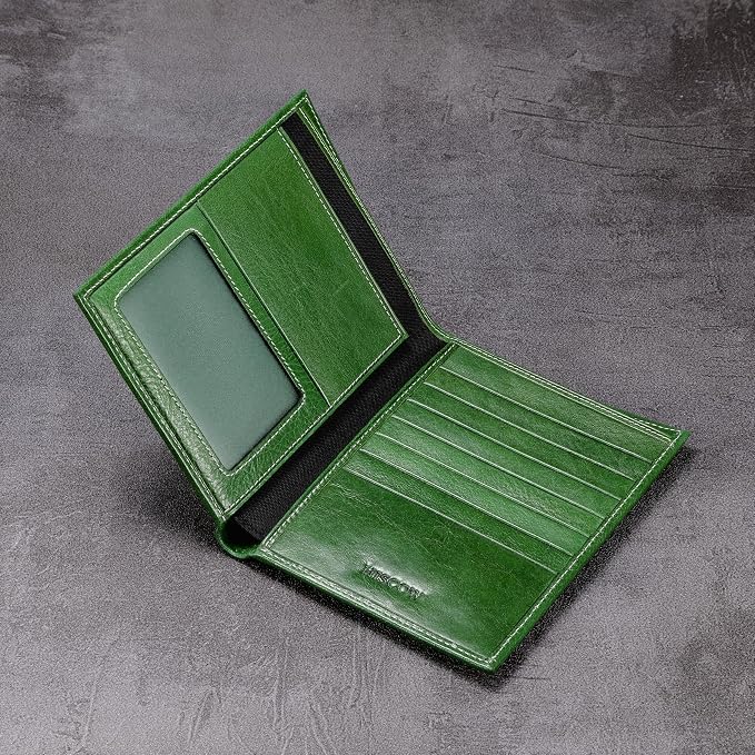 HISCOW Italian Leather Passport Holder for Travel - RFID Blocking Wallet Cover with Secure Organizer for Men & Women, US & Foreign Trips, Green Vegetable-Tanned Leather