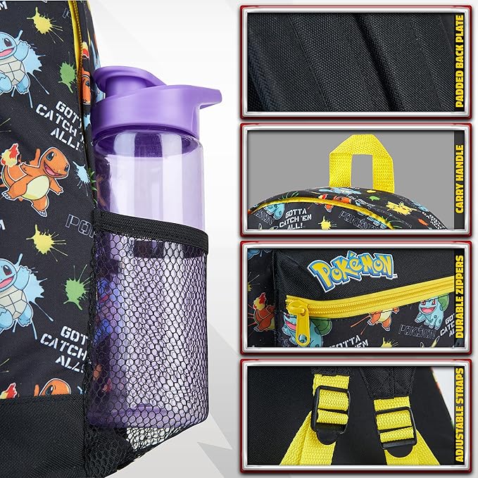 Pokemon Backpack for Kids Teens Boys Girls, Pikachu Anime Backpacks, Bag for Daycare Sports Vacation Travel, School Gift (Black AOP)