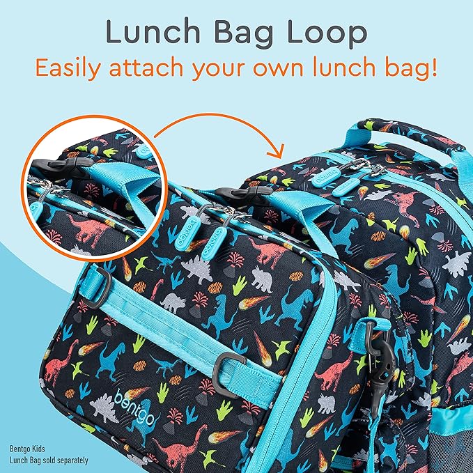 Bentgo Kids Backpack - Lightweight 14” Backpack in Fun Prints for School, Travel, & Daycare, Ideal for Ages 4+, Roomy Interior, Durable & Water-Resistant Fabric, & Loop for Lunch Bag (Dinosaur)
