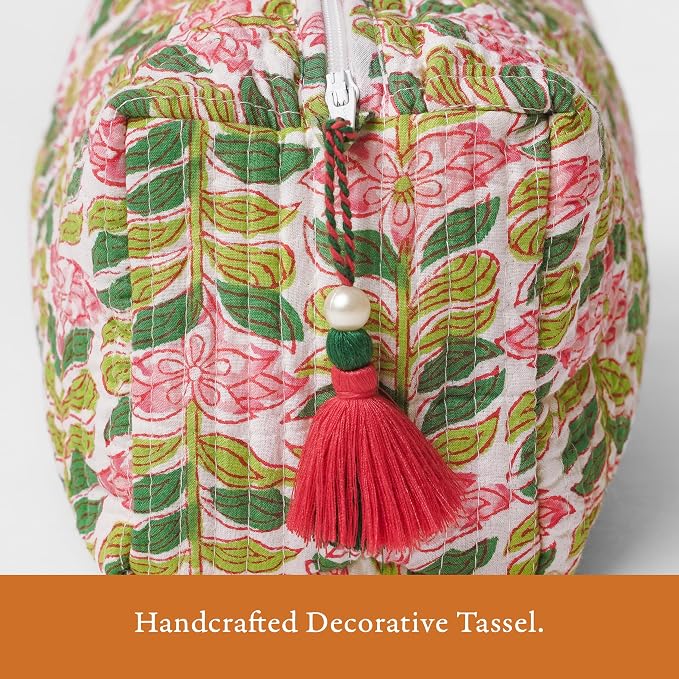 Saffron Marigold Quilted Makeup Bag Set of 3, Hand Block Printed Cotton Cosmetic Bags for Women, Waterproof Lined Travel Toiletry Bag, Coquette Aesthetic, Handmade Gift, Madagascar Periwinkle Vanilla