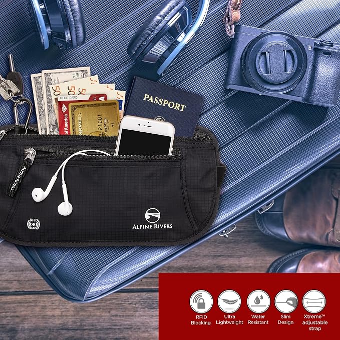 Alpine Rivers RFID Money Belt for Travel - Hidden Waist Pouch Passport Holder with RFID Card Sleeves, Slim and Adjustable Fit for Men and Women
